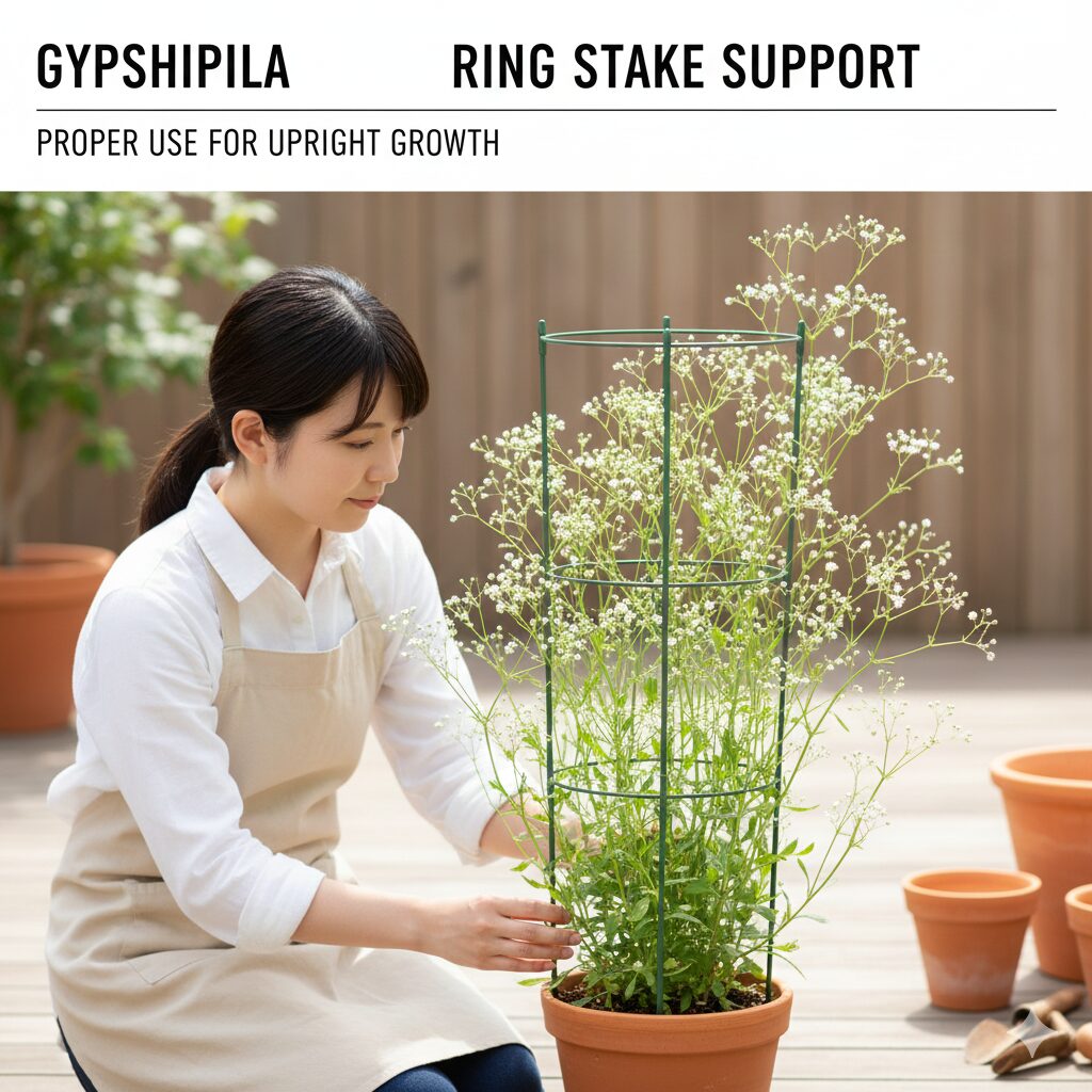 かすみ草の育て方 初心者8　かすみ草の倒伏防止対策：リング支柱を使って茎が倒れないように支えている様子