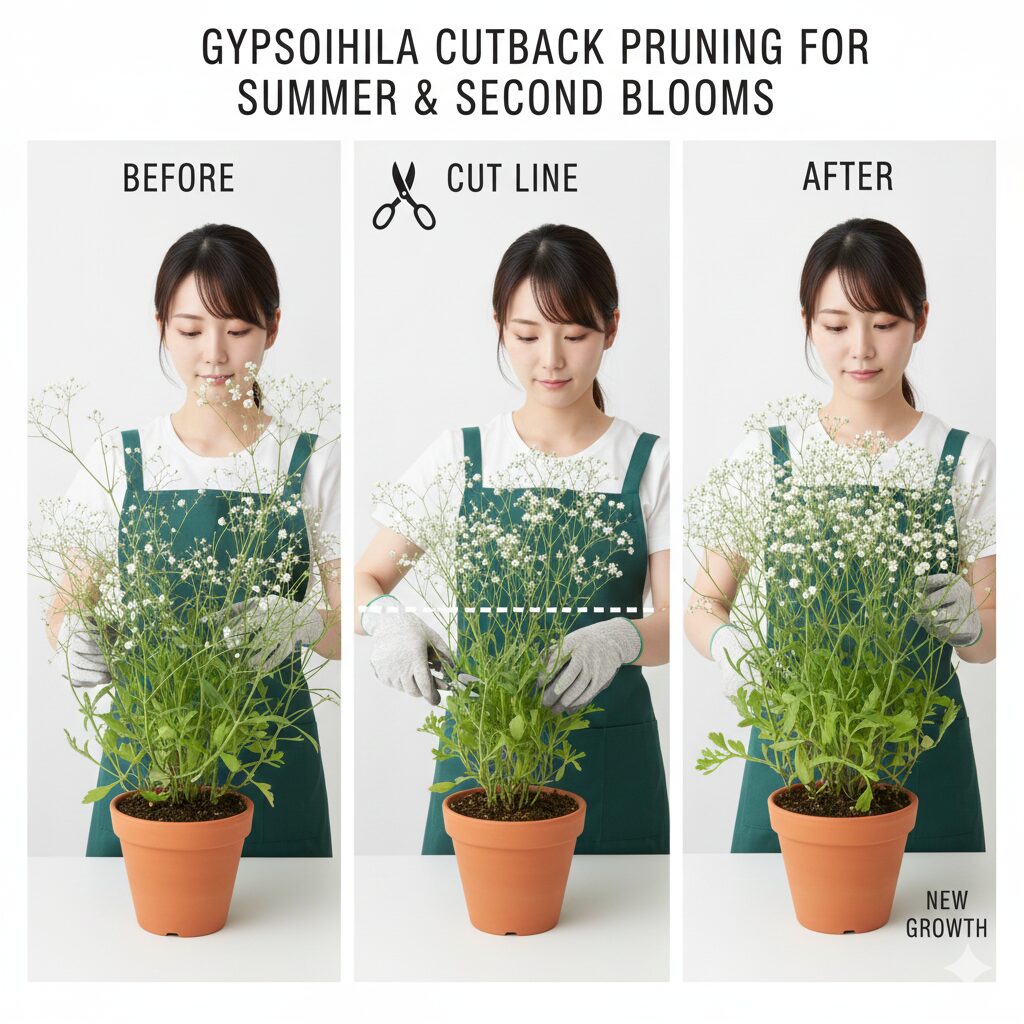 かすみ草の育て方 初心者9　かすみ草の切り戻し位置の図解：株の半分から3分の1の高さで剪定し夏越しさせる方法