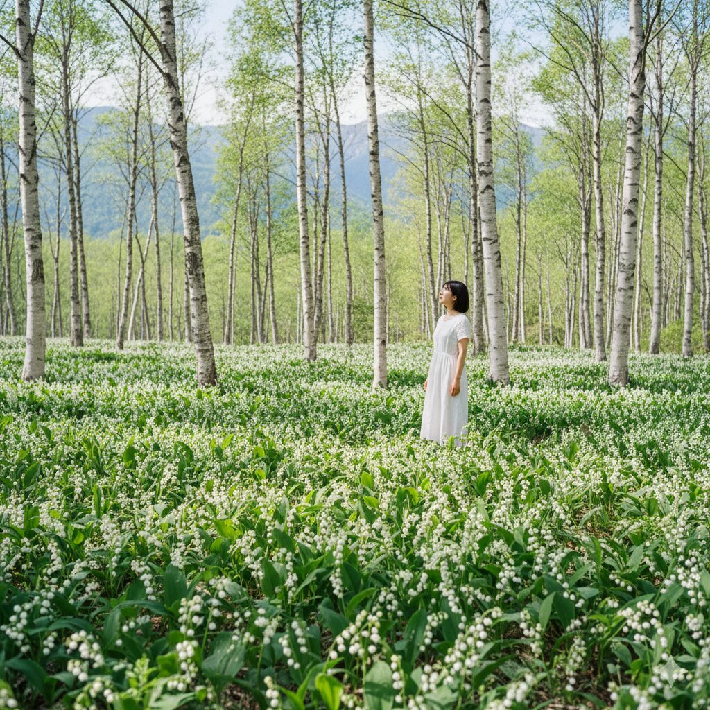 すずらん 何月3　北海道平取町の芽生すずらん群生地で白樺林の下一面に広がる野生のすずらん畑