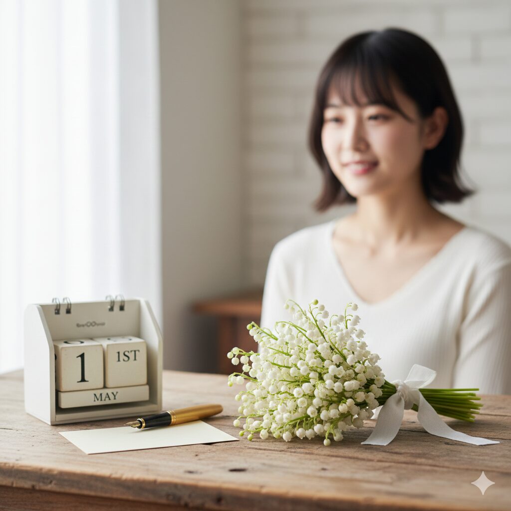 すずらん 何月5　5月1日のスズランの日に幸福を願って贈られるリボンが結ばれたすずらんの花束