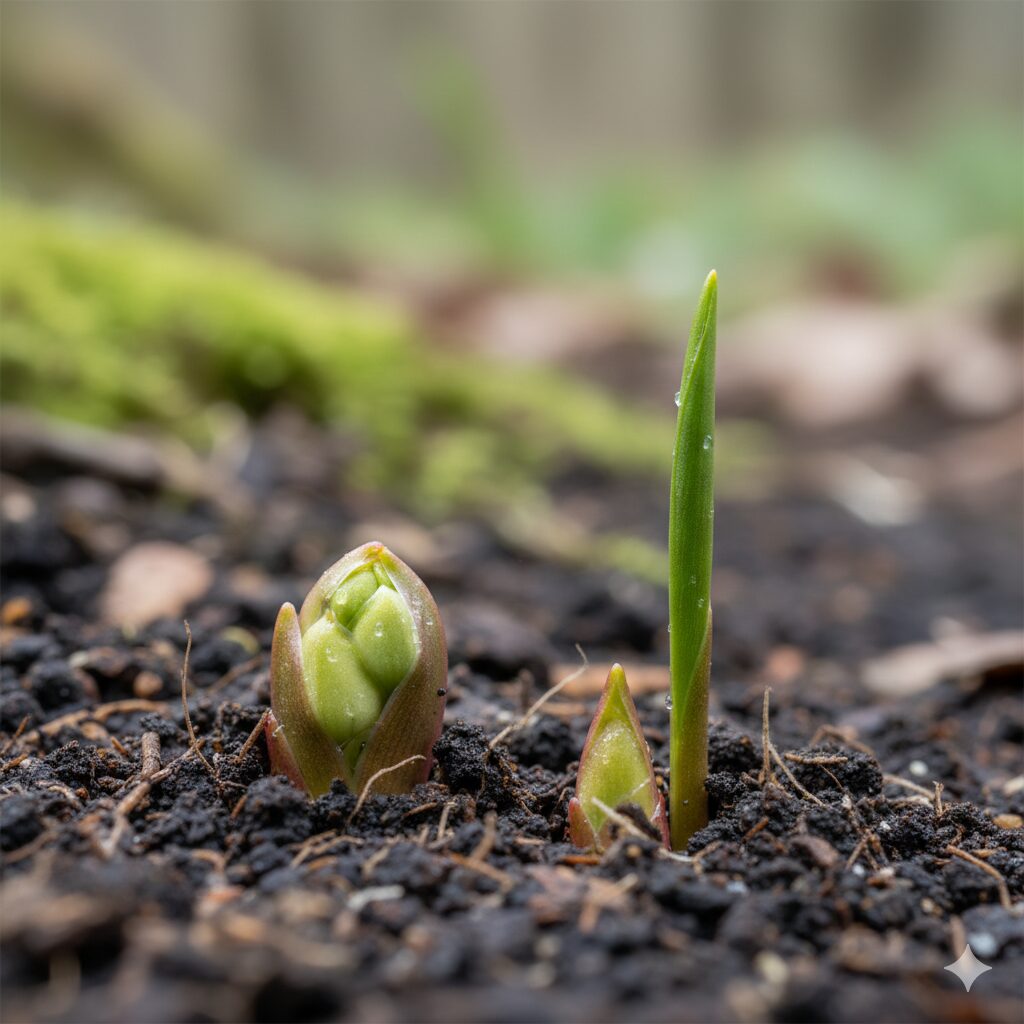 すずらん 何月6　3月頃に地表から顔を出すタケノコのような形をしたすずらんの花芽と葉芽の比較