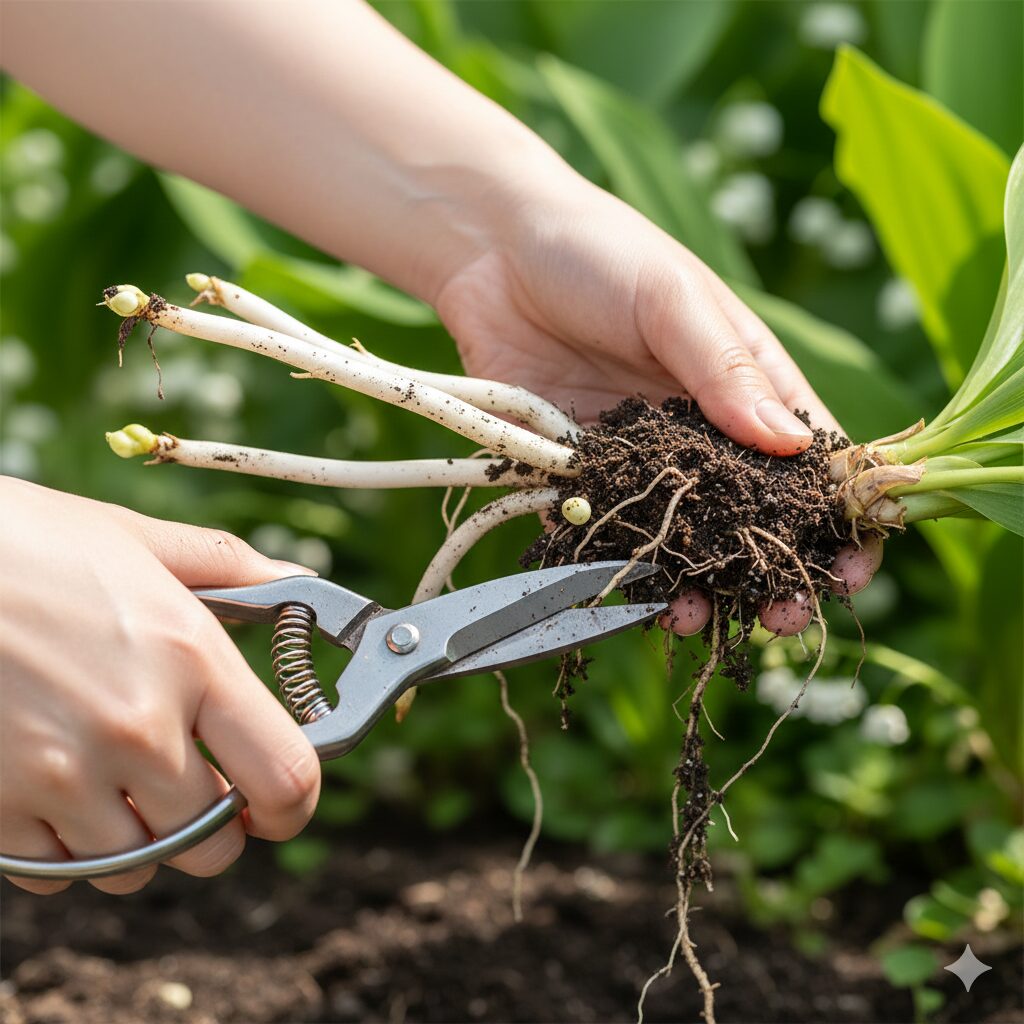 すずらん 何月8　秋の植え替え時期に掘り上げられたすずらんの地下茎（根茎）と株分け作業の様子