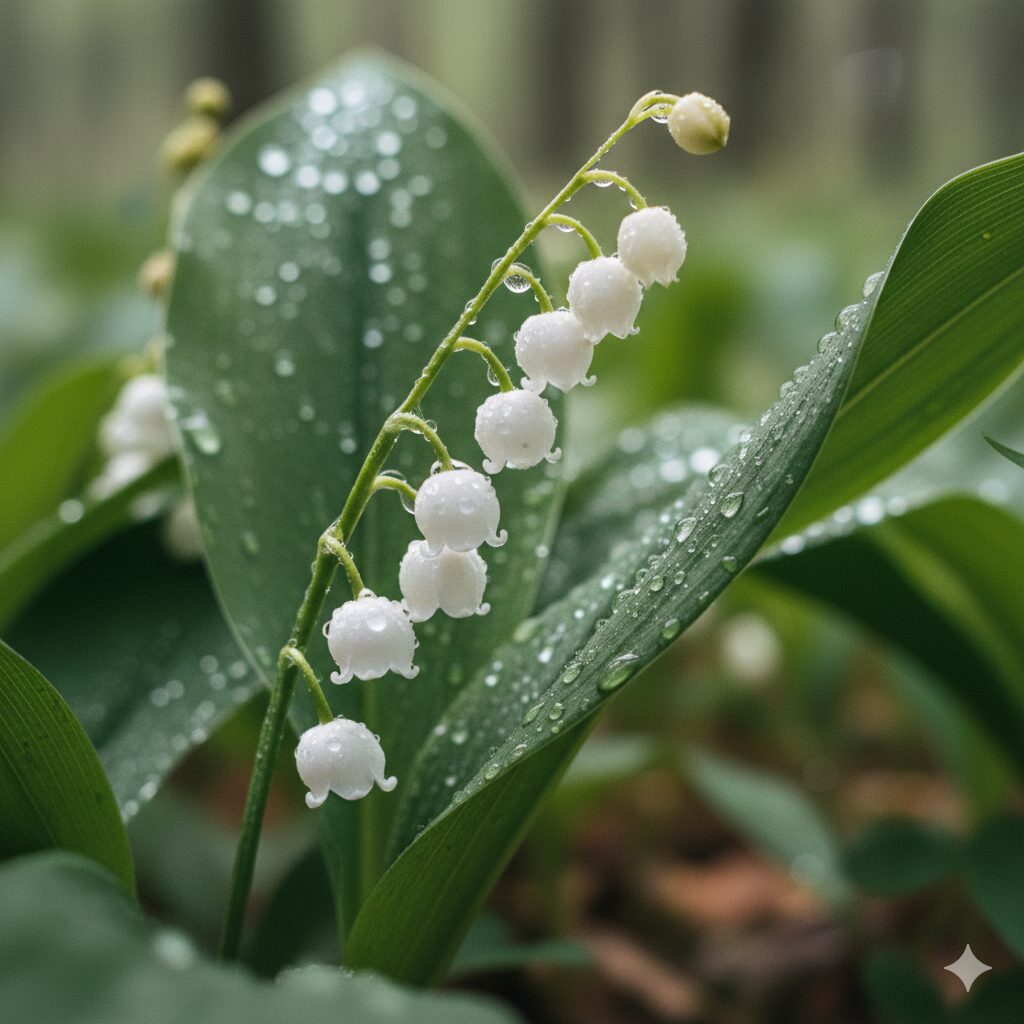 すずらん 毒性1　朝露に濡れた可憐な白いすずらんの花と葉のクローズアップ。美しい外見とは裏腹に強い毒性を持つ。