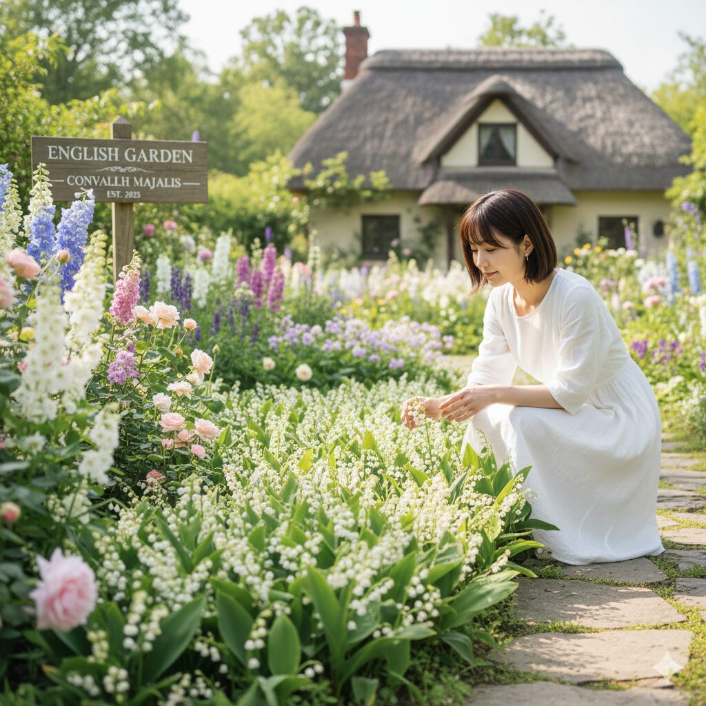すずらん 毒性10　適切な管理のもと、庭で他の植物と調和して美しく咲き誇るすずらんの群生。安全に園芸を楽しむ春の風景。