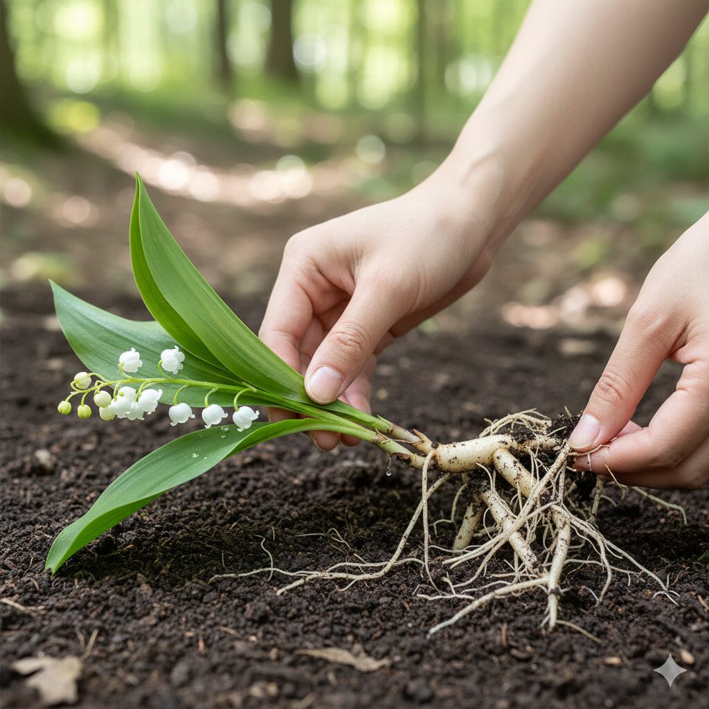 すずらん 毒性2　土から掘り起こされたすずらんの全草。花、葉、茎、根茎のすべてに毒が含まれていることを示す標本写真。