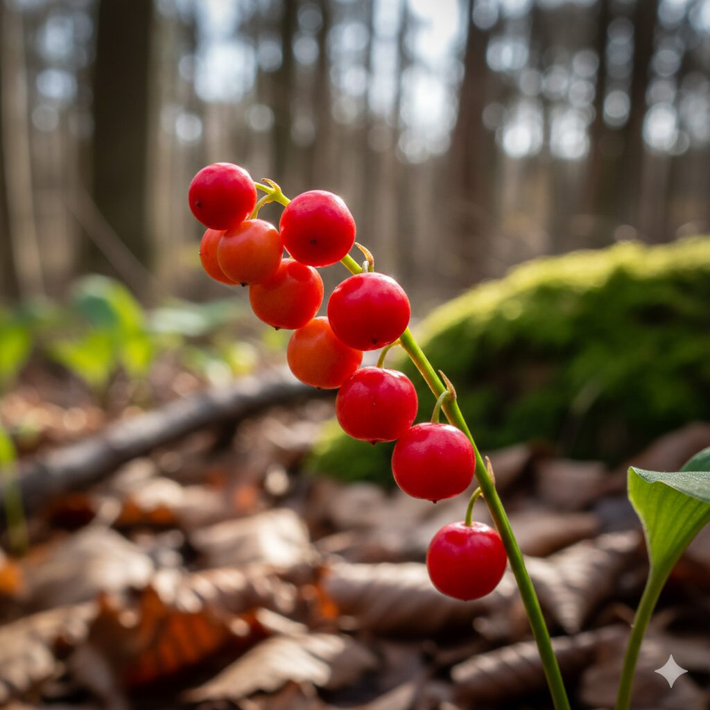 すずらん 毒性3　秋に実るすずらんの鮮やかな赤い果実のクローズアップ。美味しそうに見えるが有毒で誤食に注意が必要。