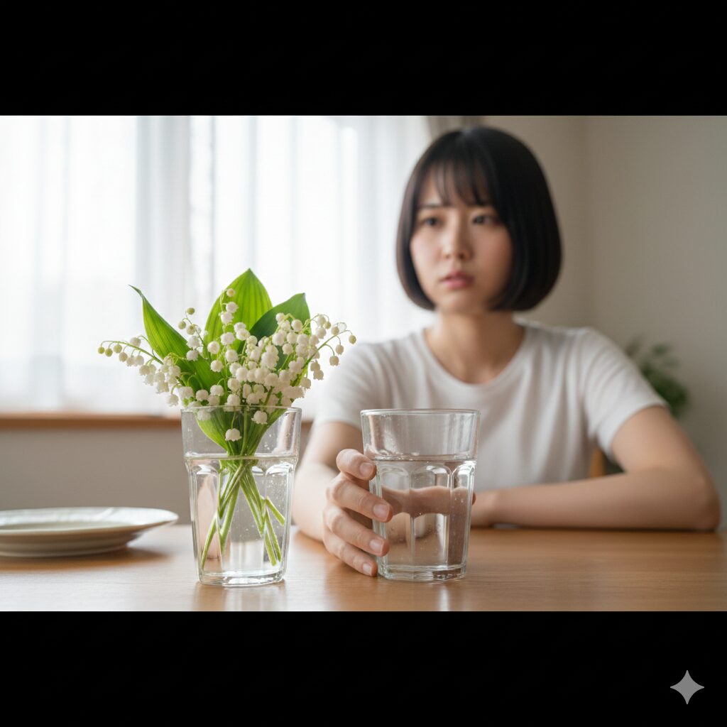 すずらん 毒性4　ダイニングテーブルのコップに生けられたすずらんの切り花。毒が溶け出した花瓶の水を誤飲する危険性を示唆する様子。