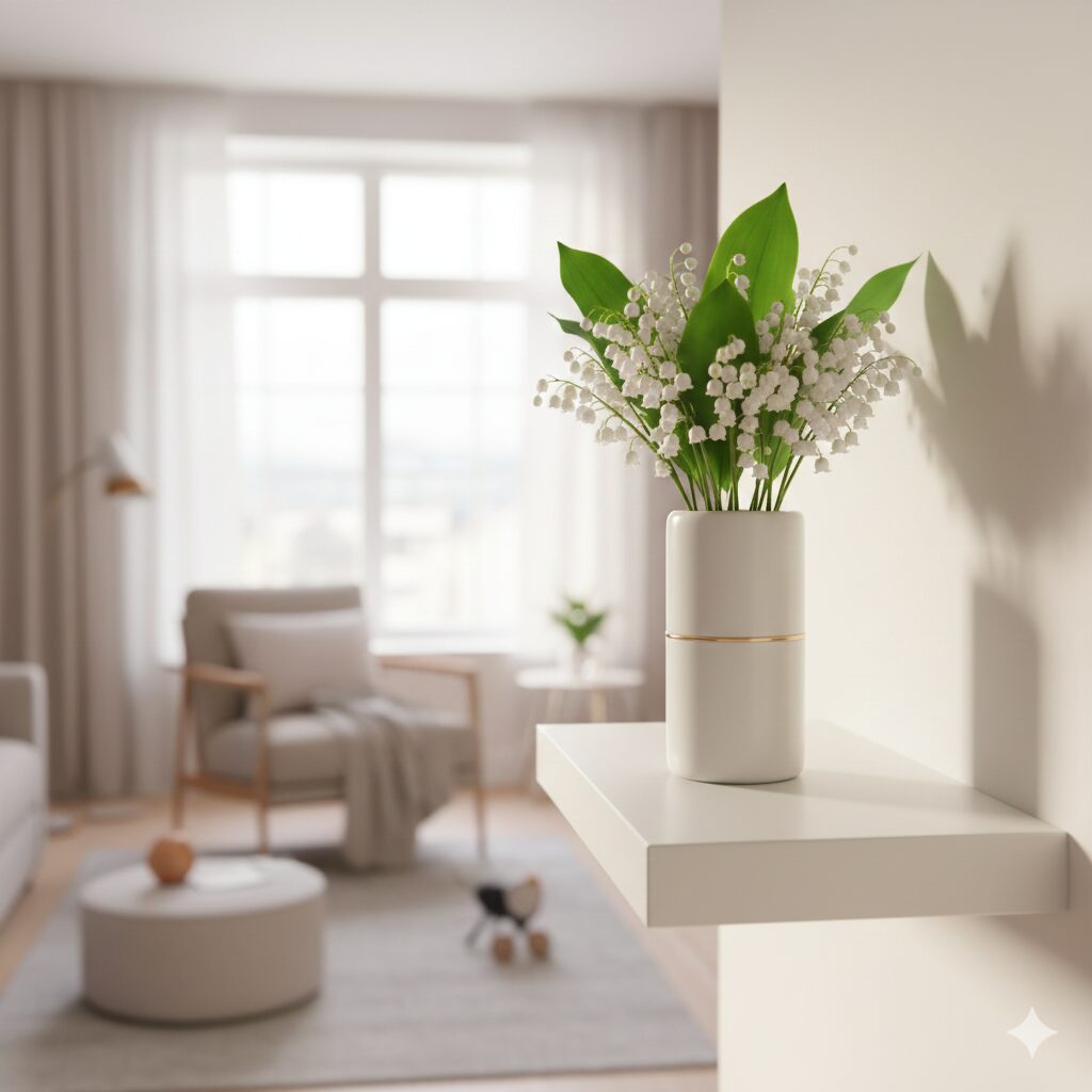 すずらん 毒性5　子供やペットの手が届かない高い飾り棚の上に安全に飾られたすずらんの花瓶。誤食リスクを避けるための対策例。