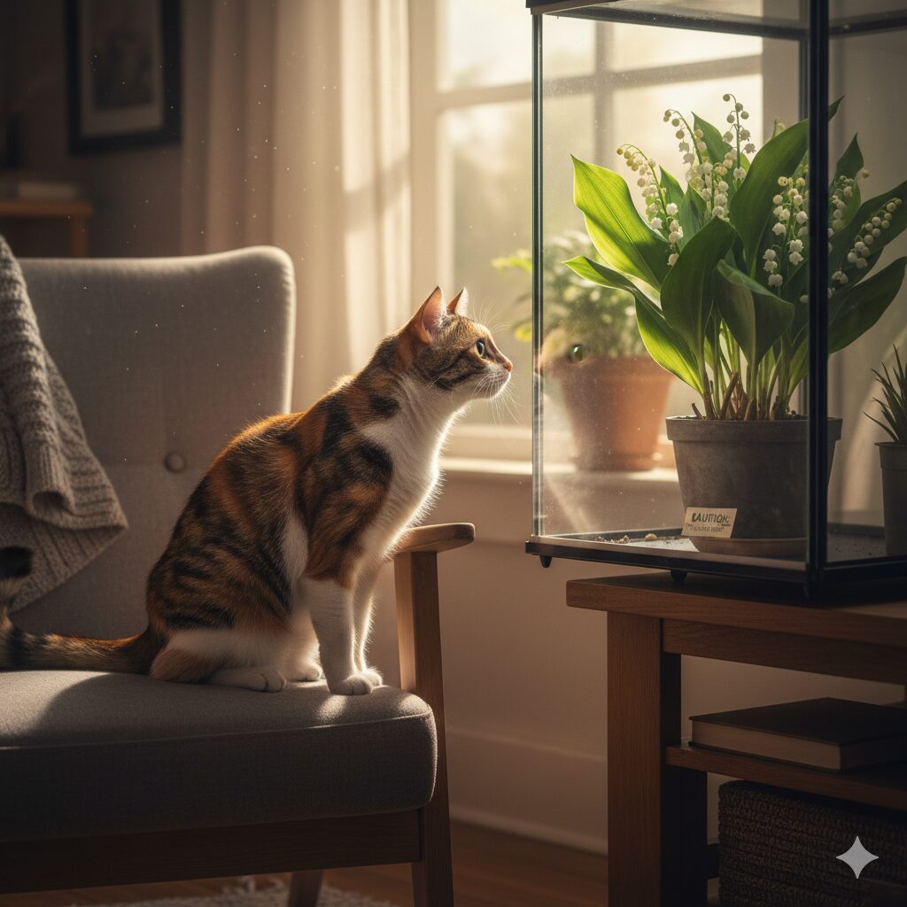 すずらん 毒性6　室内にあるすずらんの鉢植えを離れた場所から見つめる猫。ペットの誤食リスクと安全な距離感を示す写真。