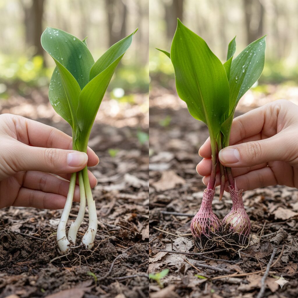 すずらん 毒性7　有毒なすずらんの若芽（右）と食用のギョウジャニンニクの若芽（左）の比較写真。根元の特徴的な違いを並べて表示。