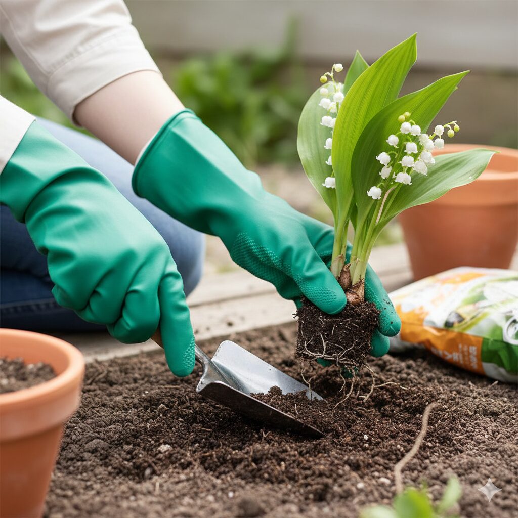 すずらん 毒性9　すずらんの汁液によるかぶれを防ぐため、厚手のゴム手袋を着用してガーデニング作業を行う手元の写真。