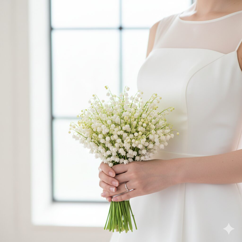 すずらん 花言葉 結婚1　結婚式で花嫁が持つスズランの純白ウェディングブーケ