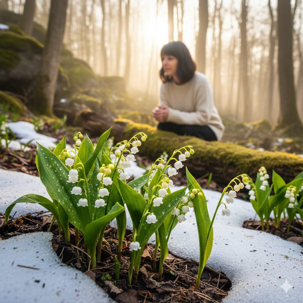 すずらん 花言葉 結婚2　雪解けの中から咲き出すスズランの様子・幸福の再来の象徴