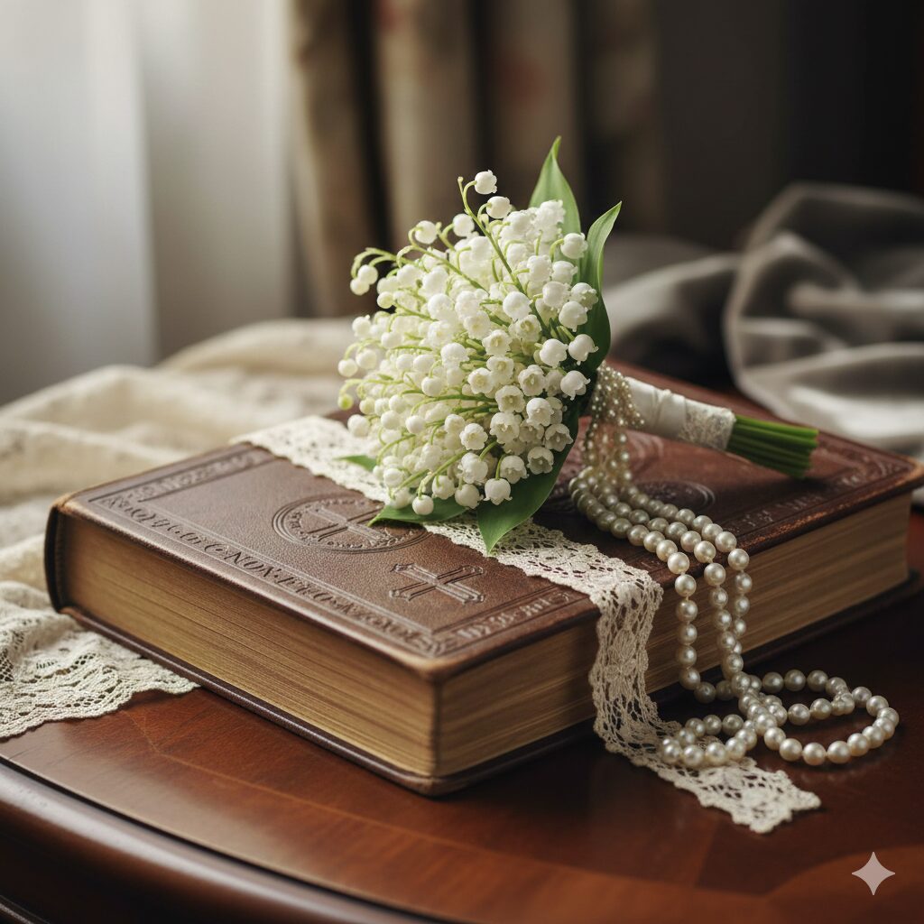 すずらん 花言葉 結婚6　聖書の上に置かれたスズランのポジーブーケ・グレースケリー風スタイル