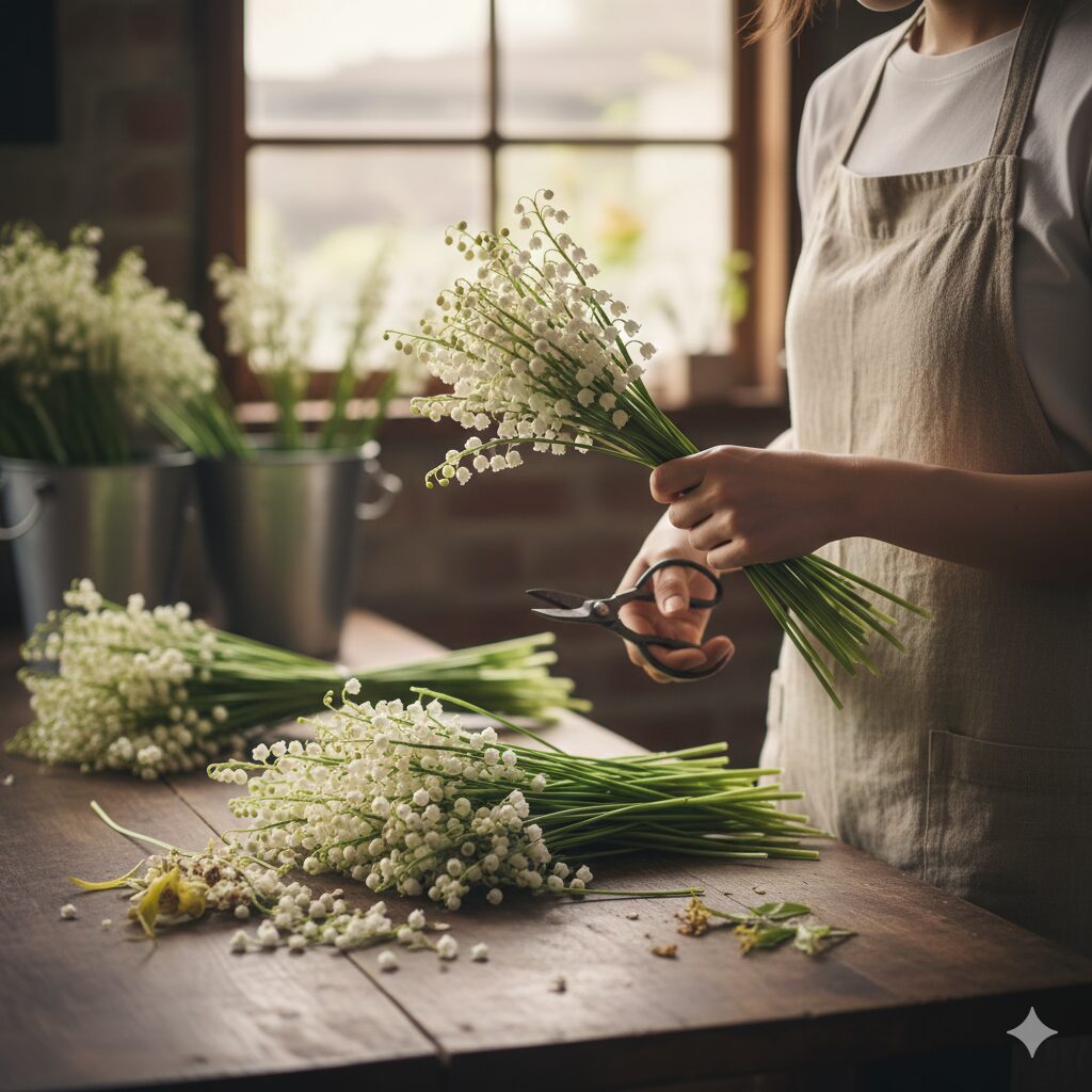 すずらん 花言葉 結婚7　結婚式用スズランブーケの制作風景と選別作業