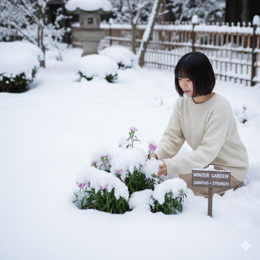 なでしこ 冬越し11　寒冷地で雪の下でも枯れずに越冬している耐寒性の強いカワラナデシコ