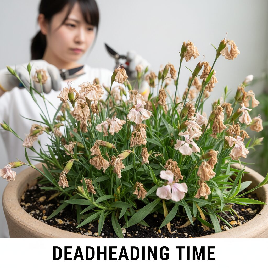 なでしこ 花が終わったら1　ナデシコの二番花を咲かせるための正しい剪定位置を示す図解。茎の節の約5mm～1cm上を赤い線で示し、その下に健康な葉が残っていることを強調。