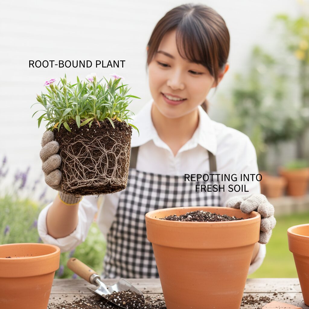 なでしこ 花が終わったら10　ナデシコの植え替え作業風景。鉢から抜いた根詰まり気味の根鉢と、水はけの良い新しい用土を使って一回り大きな鉢に植え替えている様子。