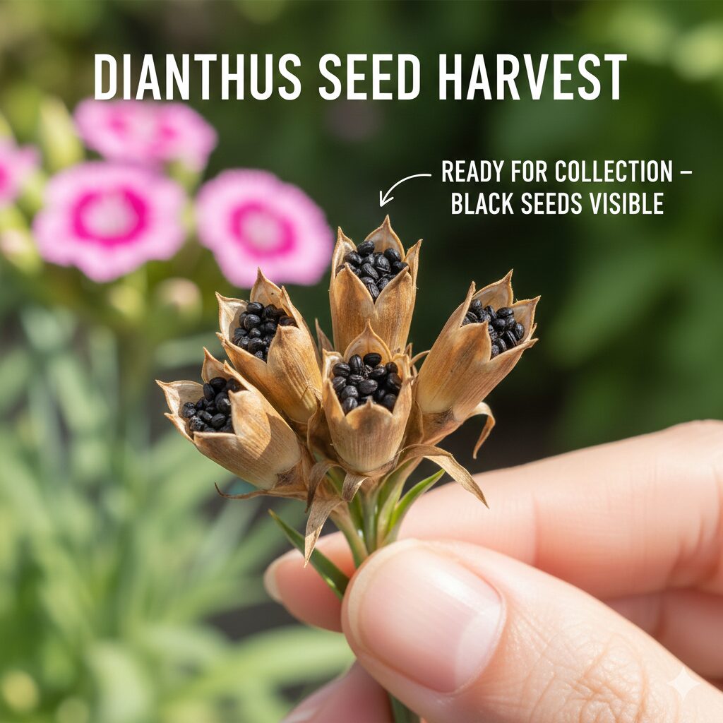 なでしこ 花が終わったら11　ナデシコの花後にできた種さやが茶色く乾燥し、先端が開いて中の黒い種（タネ）が見えている状態。自家採種に適した時期の様子。