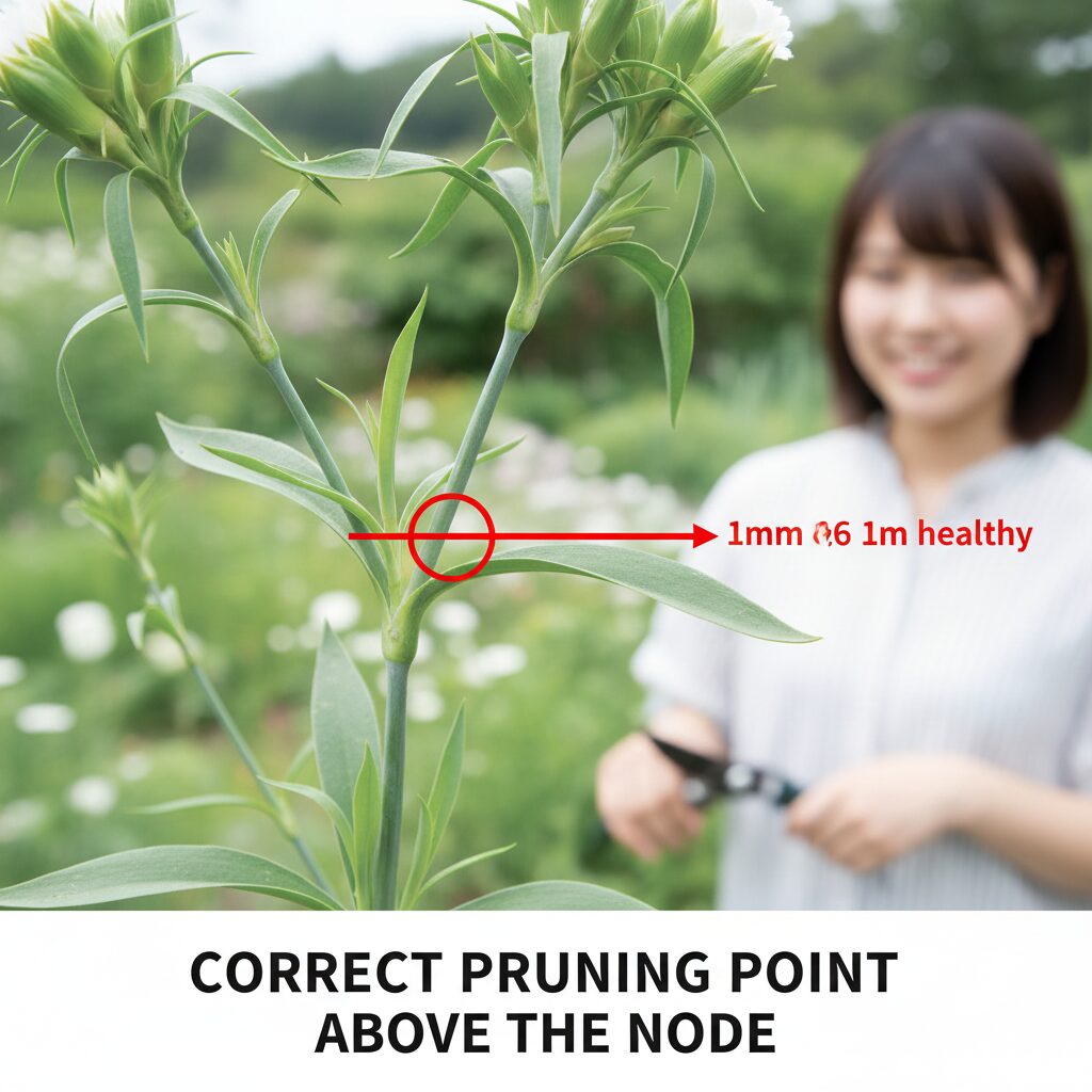 なでしこ 花が終わったら2　梅雨前の蒸れ対策として、ナデシコの株元を透かし剪定し、風通しを良くした後の状態。密集していた葉や茎が間引かれている。