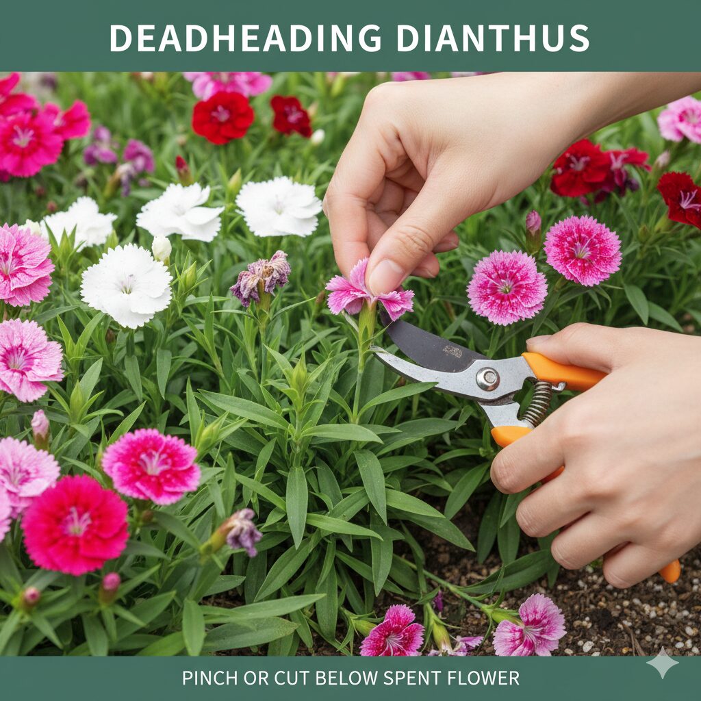 なでしこ 花が終わったら4　剪定後のナデシコの株に、ジョウロで液体肥料を与えている様子。開花で消耗した株の回復と二番花の準備のための追肥作業。