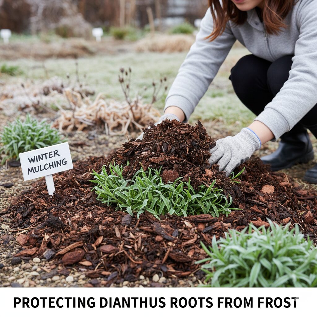 なでしこ 花が終わったら7　寒冷地でのナデシコの冬越し対策として、株元に腐葉土やバークチップで厚くマルチングを施し、霜や凍結から根を保護している様子。