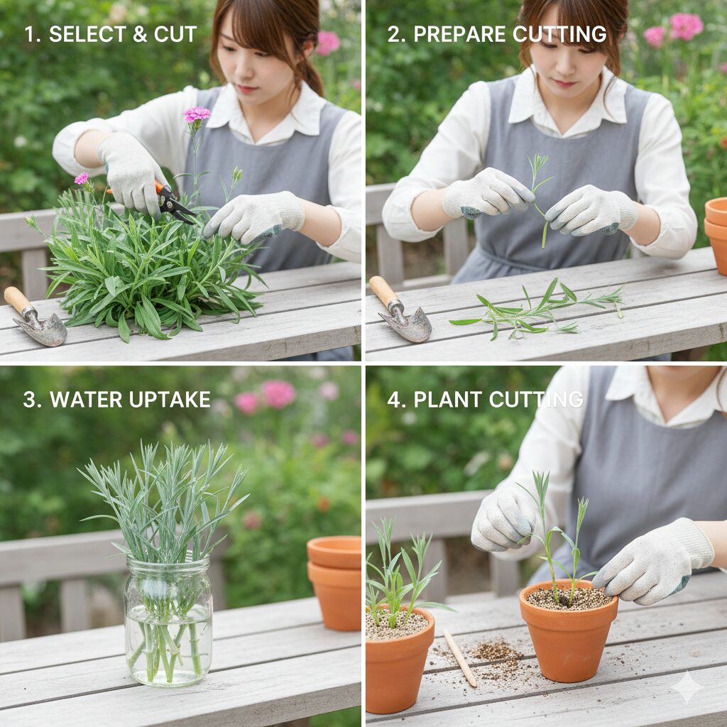 なでしこ 花が終わったら8　ナデシコの挿し芽による増殖手順。切り戻した枝から挿し穂を作り、下葉を処理して水揚げし、用土に挿すまでの流れ。