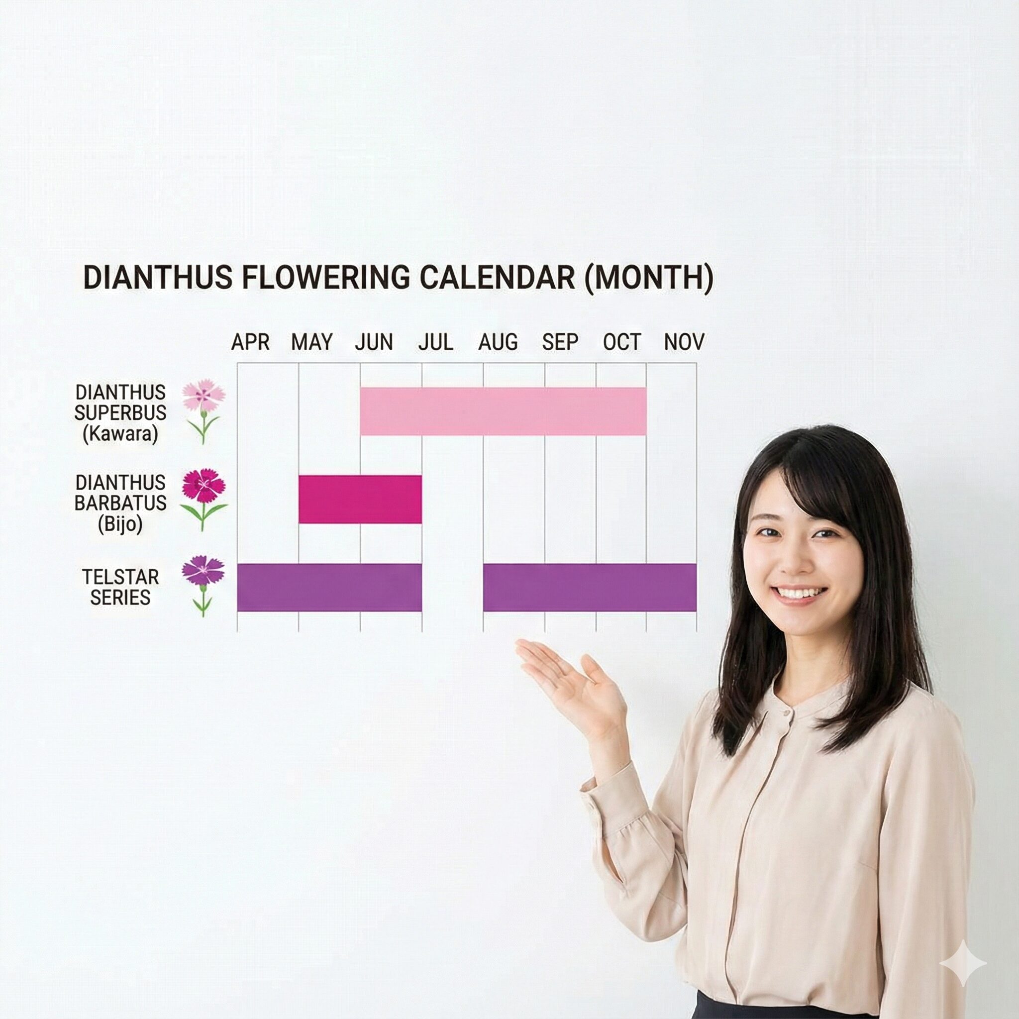 なでしこ 開花時期1　なでしこの品種別開花時期カレンダー（カワラナデシコ・ビジョナデシコ・テルスター）の比較表