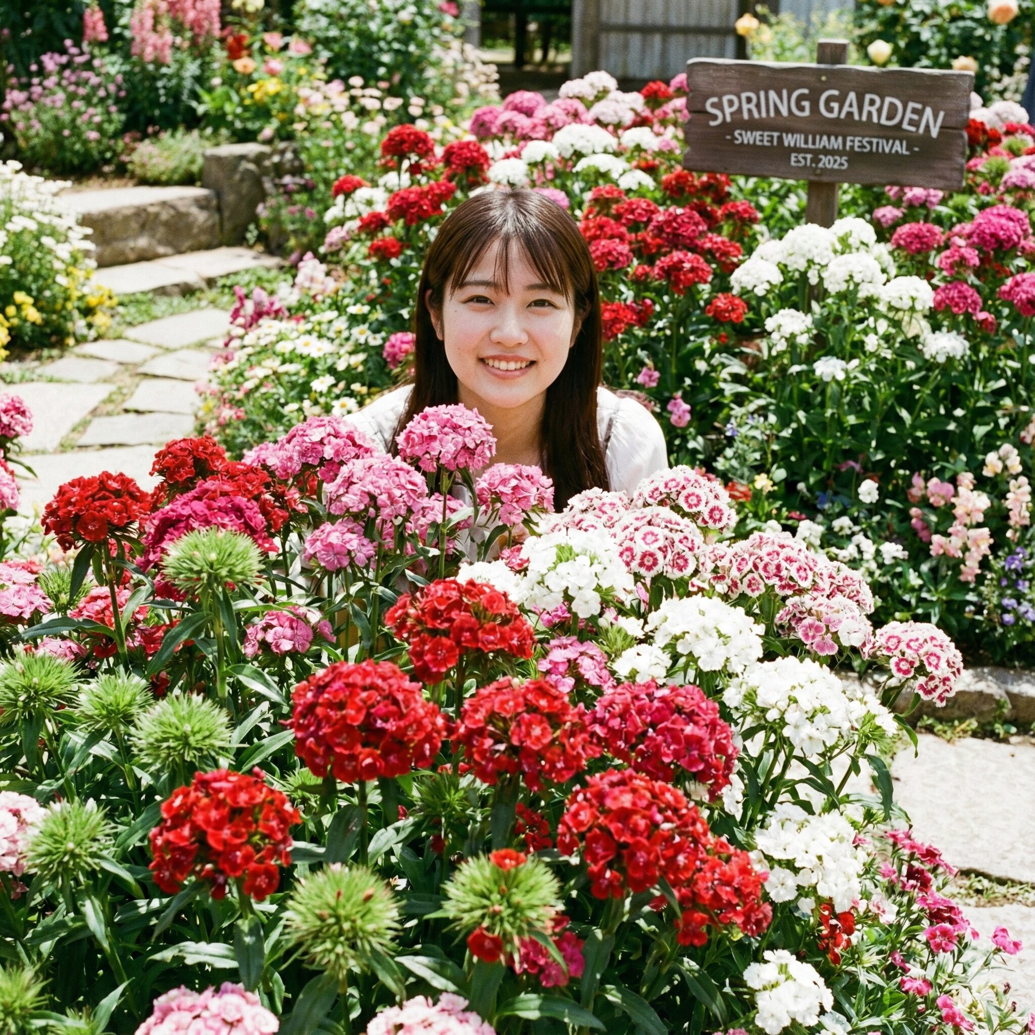 なでしこ 開花時期3　春に手鞠状に密集して咲くカラフルなビジョナデシコ（ヒゲナデシコ）の花