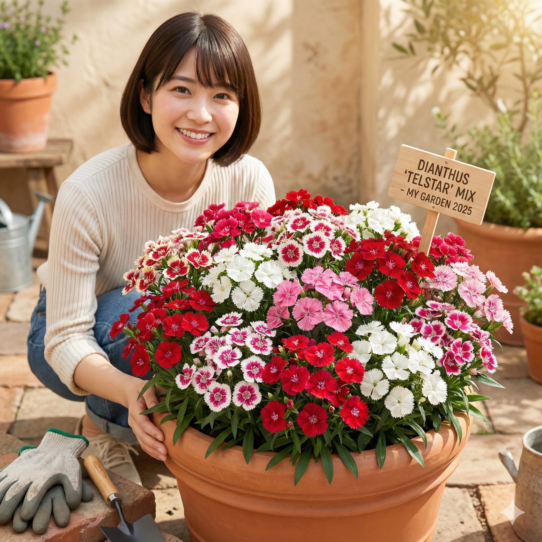 なでしこ 開花時期4　プランターでコンパクトに咲く四季咲き性のナデシコ・テルスターの寄せ植え