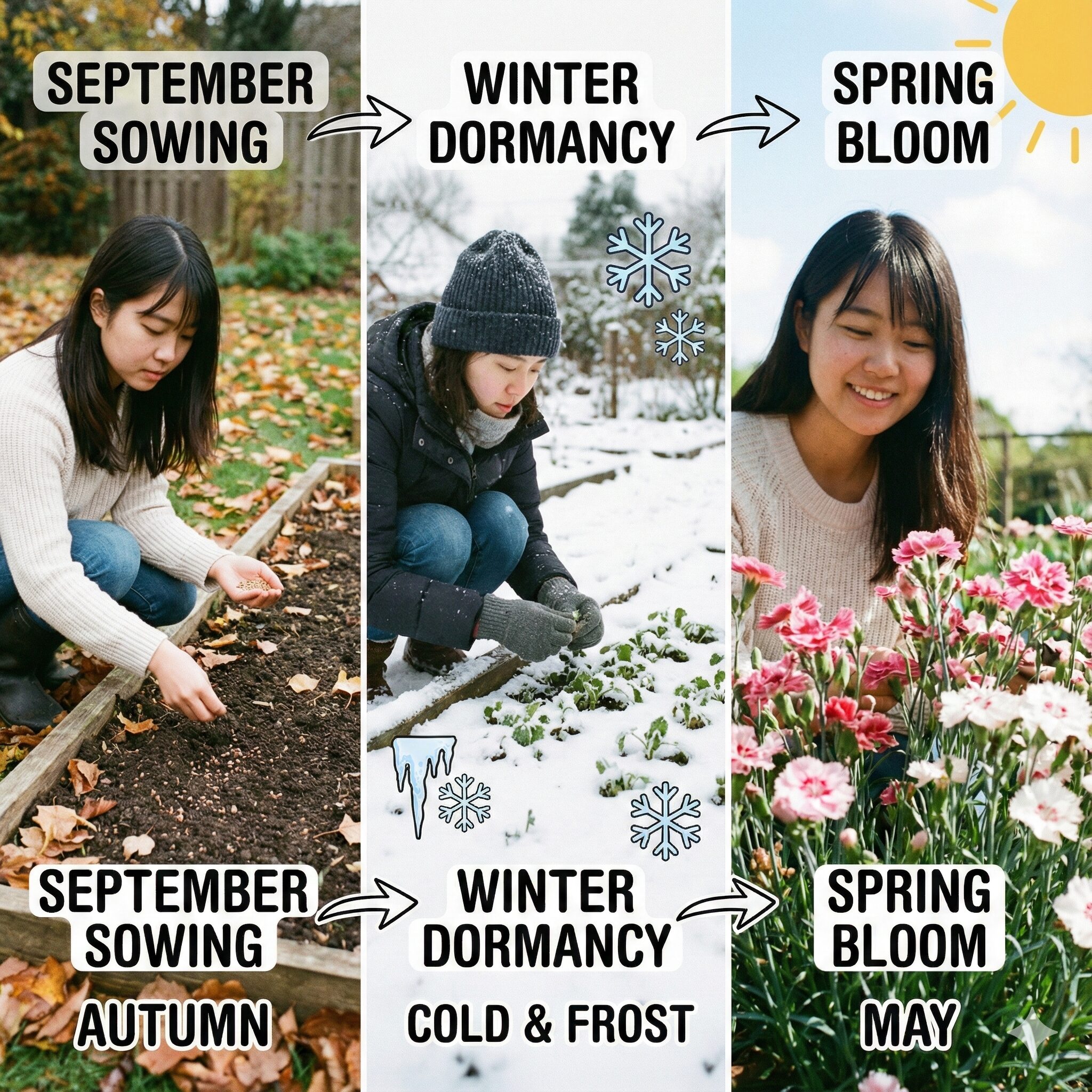 なでしこ 開花時期5　なでしこの秋まき栽培サイクル図解：種まきから冬越し、春の開花までの流れ