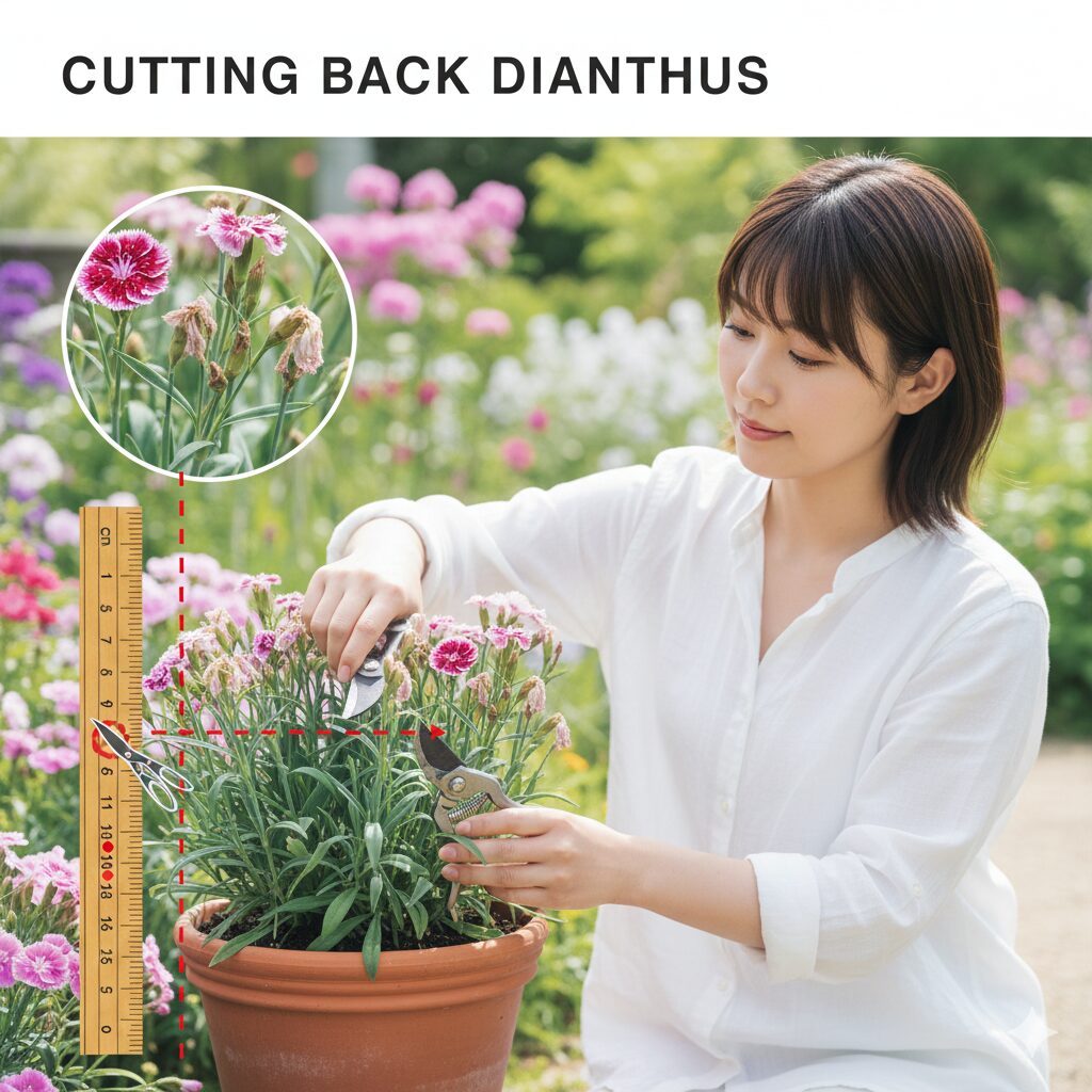 なでしこ 開花時期6　なでしこの切り戻し位置の図解：株の半分から3分の1の高さで剪定する方法