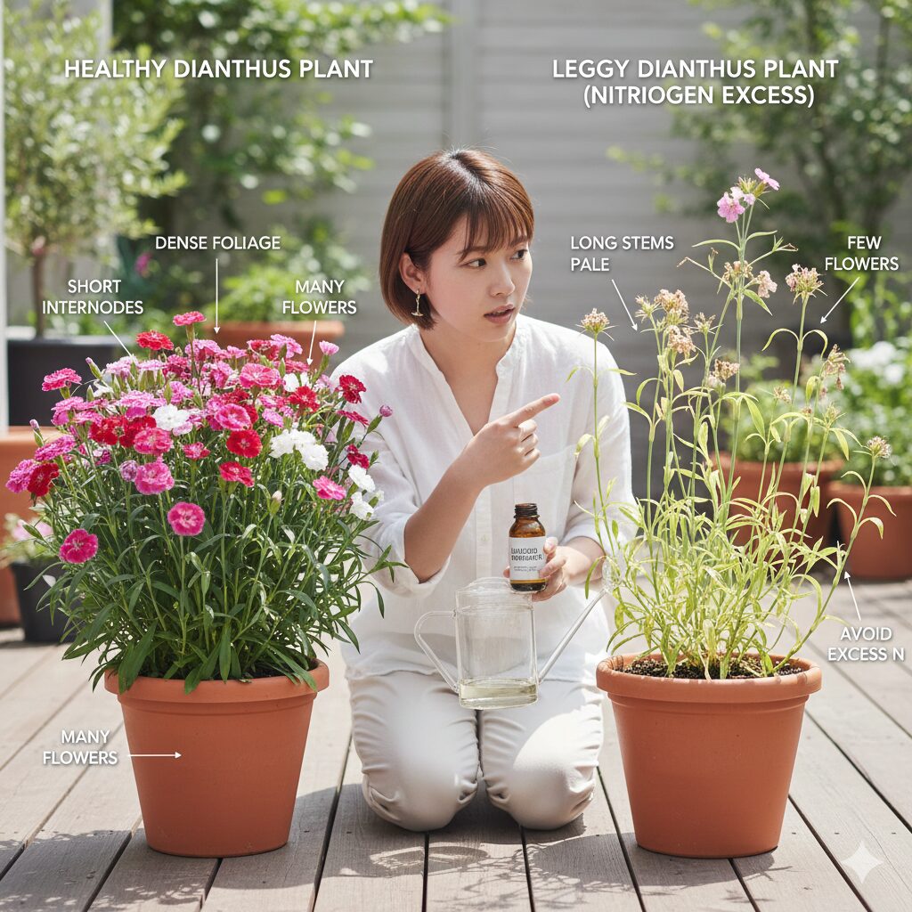 なでしこ 開花時期8　窒素肥料過多によるナデシコの徒長（左：健康な株、右：ひょろひょろに伸びた株）の比較