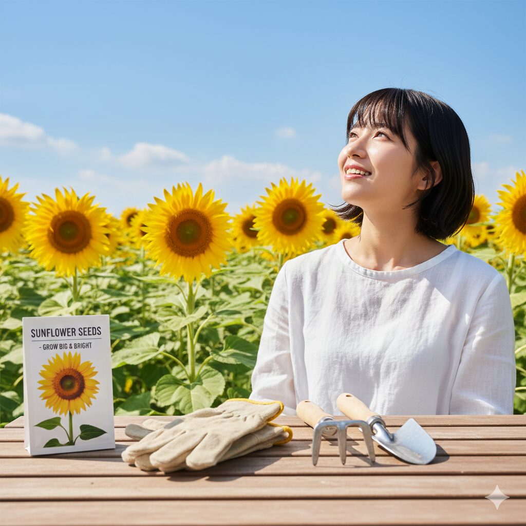 ひまわり 種 植える時期1　夏の青空の下で咲く満開のひまわりと、種まきの準備が整ったガーデニングテーブルの様子