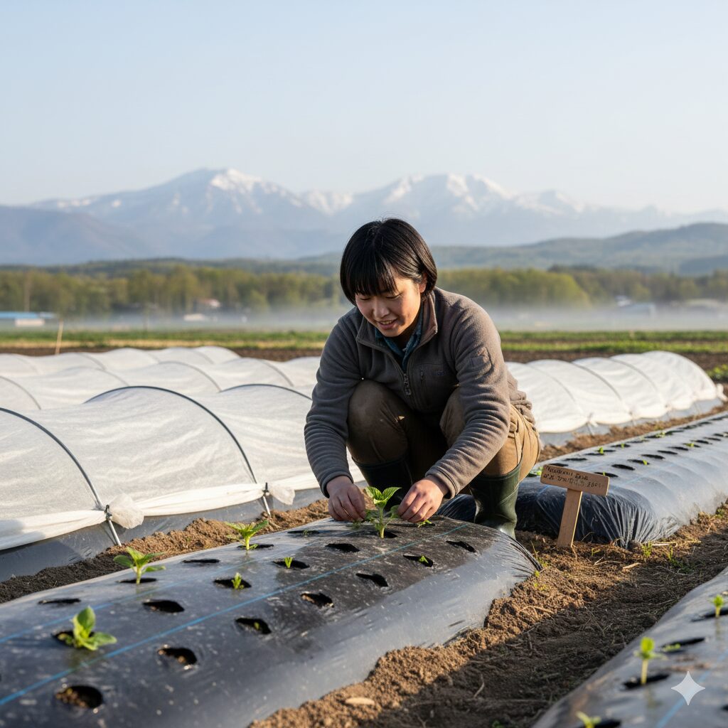 ひまわり 種 植える時期2 北海道などの寒冷地で行うひまわり栽培の寒さ対策。黒マルチと不織布トンネルを使用した畑の様子