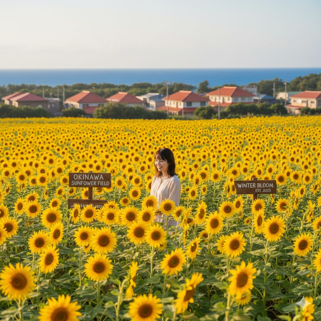 ひまわり 種 植える時期3 沖縄で1月から2月の冬に満開を迎えるひまわり畑と青い海の風景