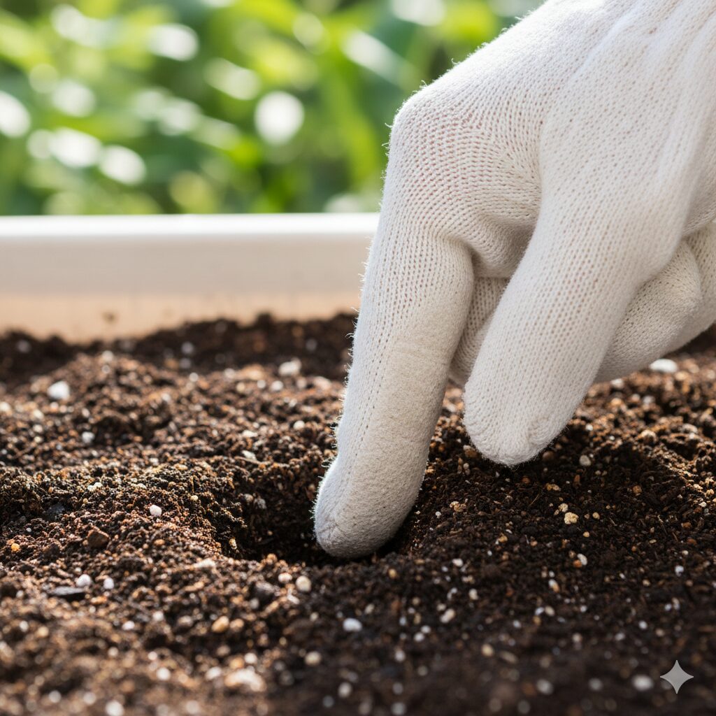 ひまわり 種 植える時期6 ひまわりの種まきにおける適切な深さ(1cm〜2cm)の目安。指の第一関節で土に穴を開けている様子