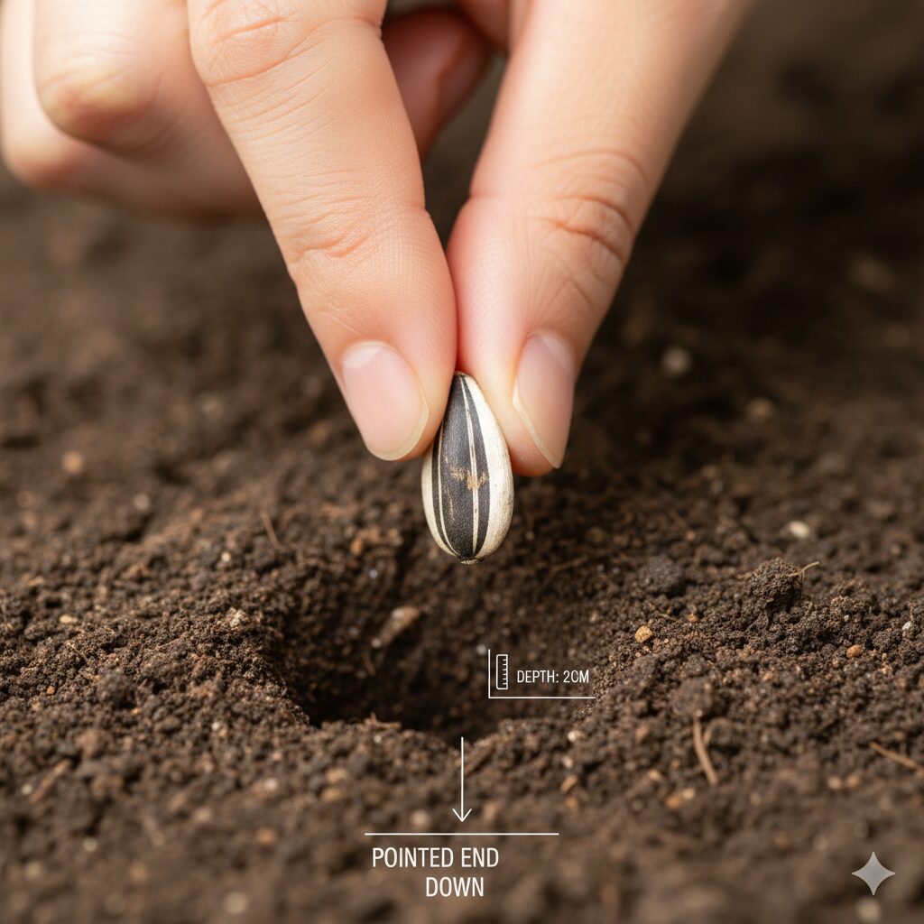 ひまわり 種 植える時期7 発芽率を高めるひまわりの種の植え方。尖った方を下に向けて土に埋める瞬間の拡大写真