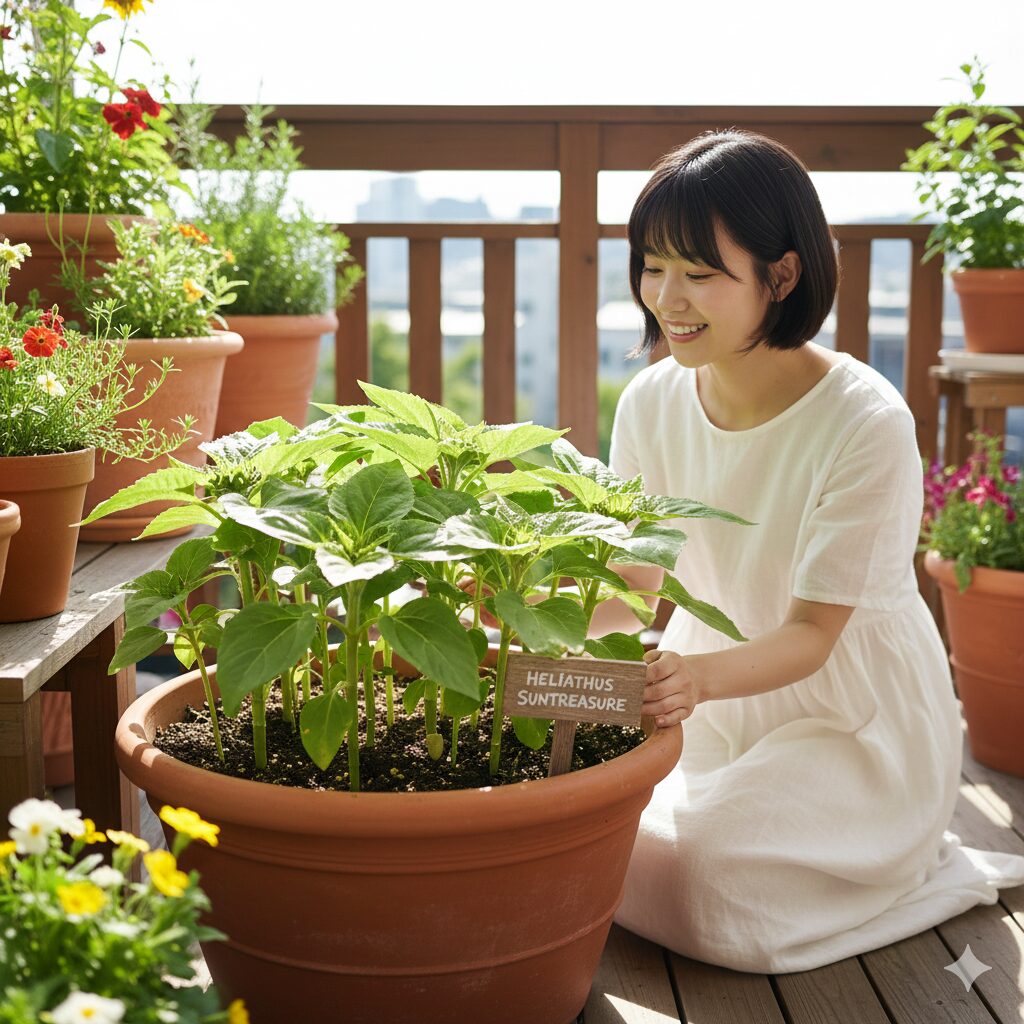 ひまわり 種 植える時期9 徒長を防ぐために日当たりの良いベランダに置かれた、茎が太く健康的なひまわりの苗