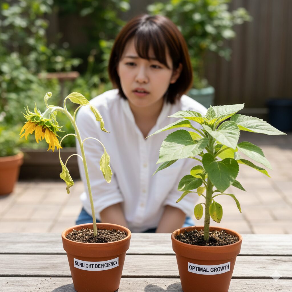 ひまわり 育ち方10　日照不足により茎が細長くひょろひょろと徒長してしまった元気のないひまわりの苗