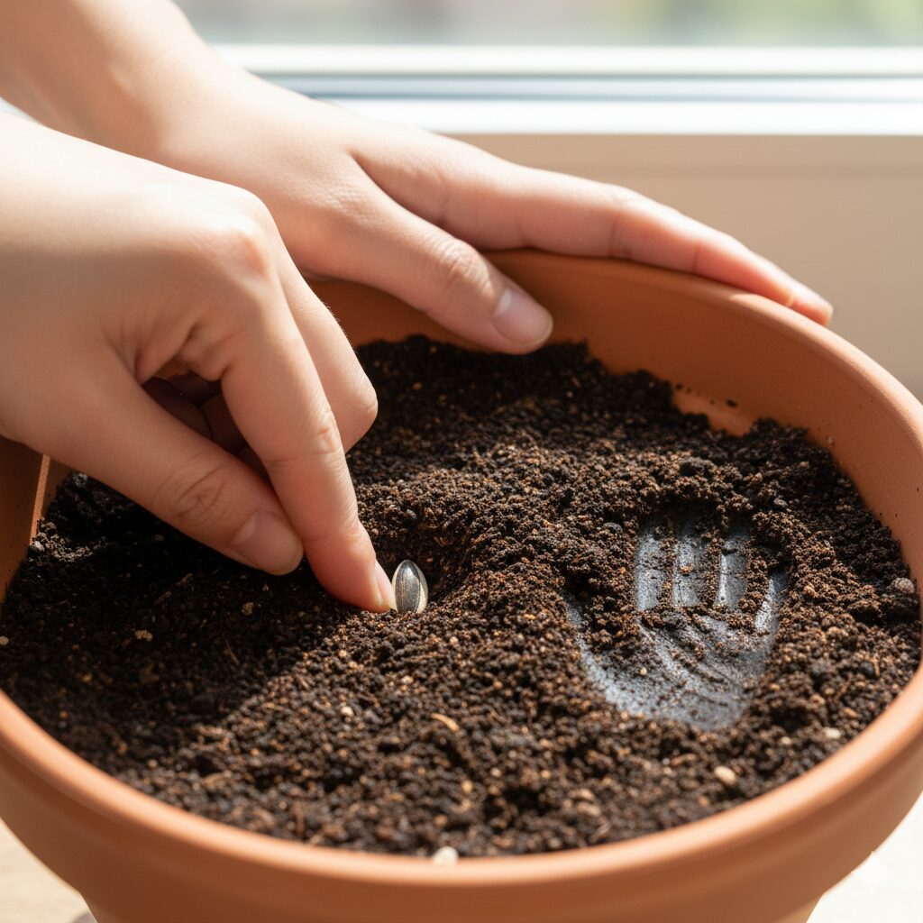 ひまわり 育ち方2　ひまわりの種まき。指で穴を開けて種を置き、土を被せて鎮圧する様子