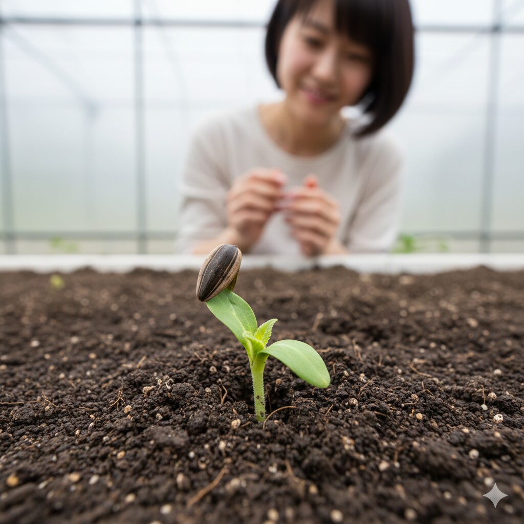 ひまわり 育ち方3　土から発芽したばかりで、種の殻をかぶったままのひまわりの芽