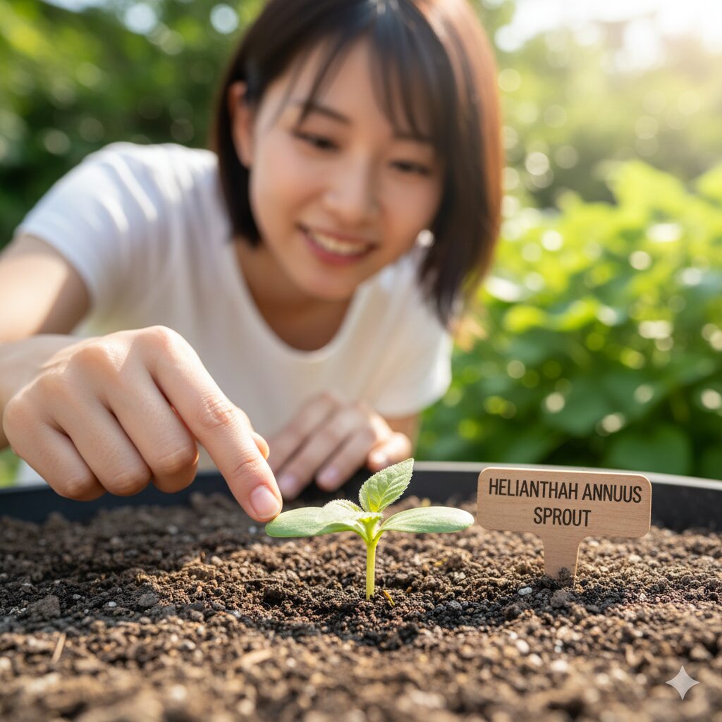 ひまわり 育ち方4　ひまわりの幼苗。丸い双葉の間からギザギザした本葉が出ている様子