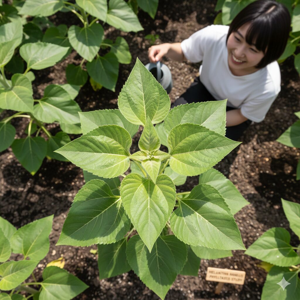 ひまわり 育ち方5　ひまわりを真上から見た図。葉が重ならないよう螺旋状に配置された葉序