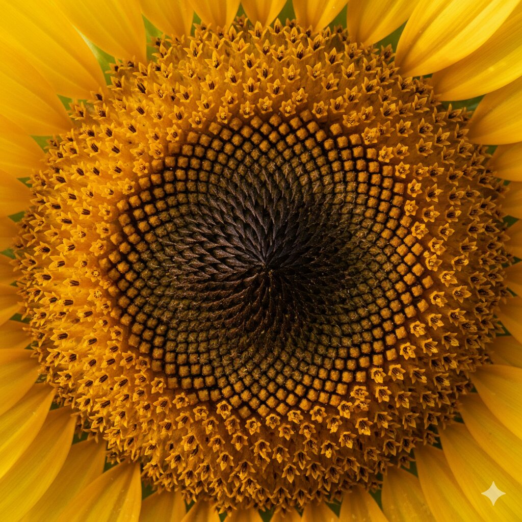 ひまわり 育ち方6　ひまわりの花盤のクローズアップ。外側から順に咲く小さな管状花と中心の蕾