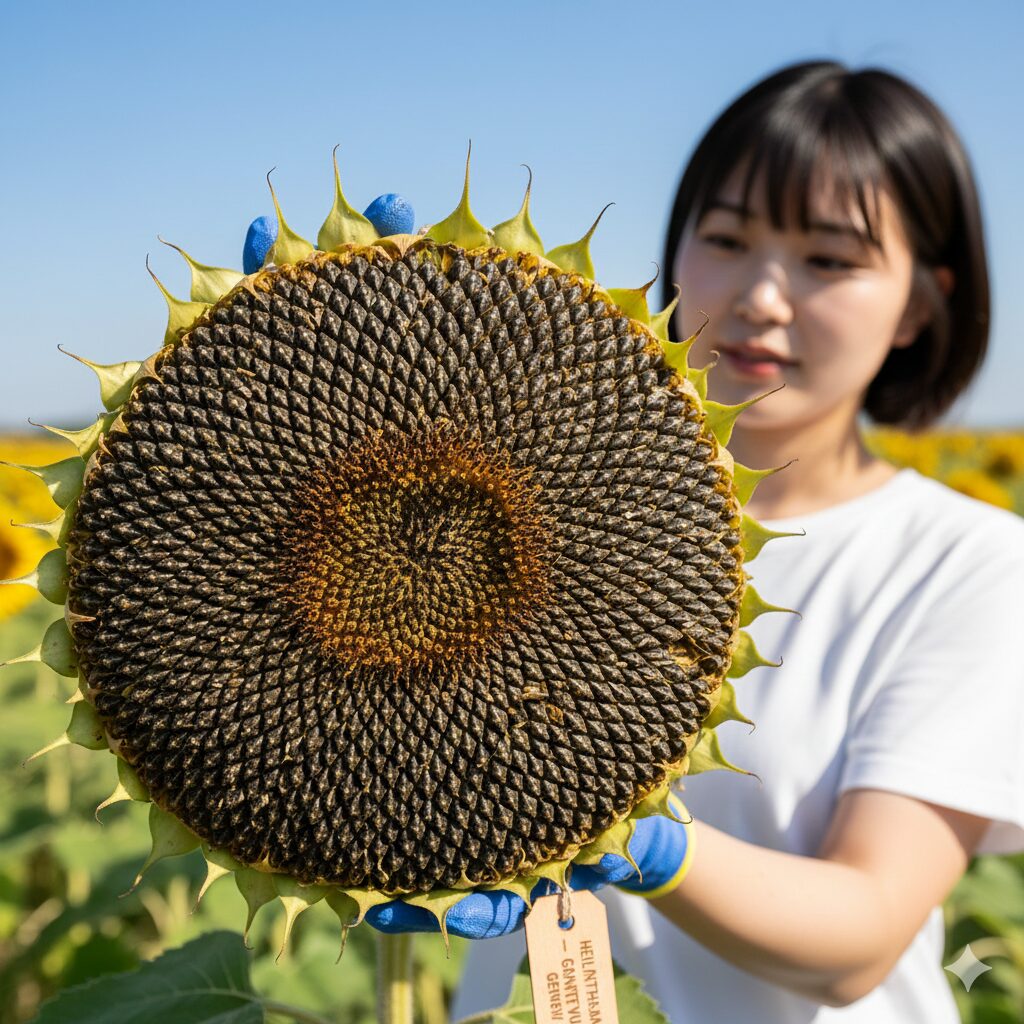 ひまわり 育ち方7　フィボナッチ数列に従って螺旋状にびっしりと並んだひまわりの種
