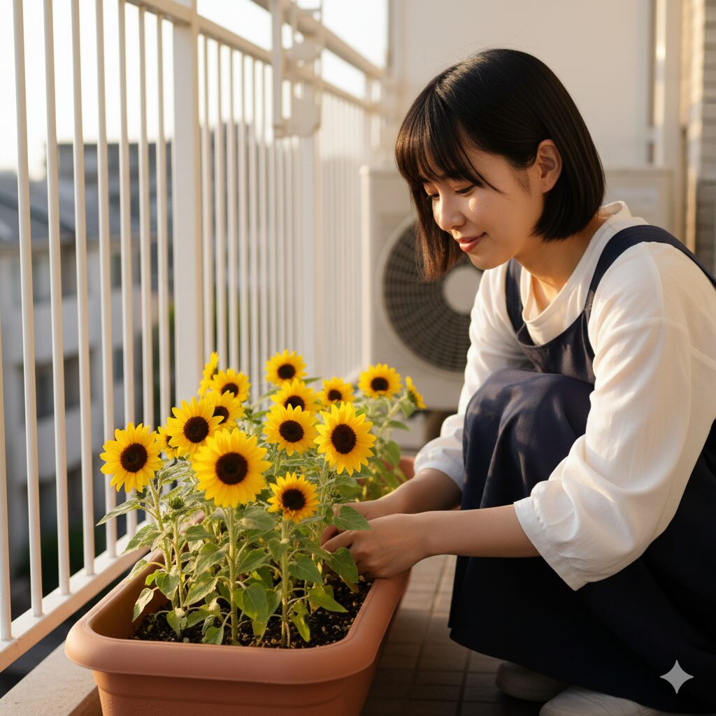 ひまわり 育ち方8　マンションのベランダの日当たりの良い場所に置かれたプランター植えのミニひまわり