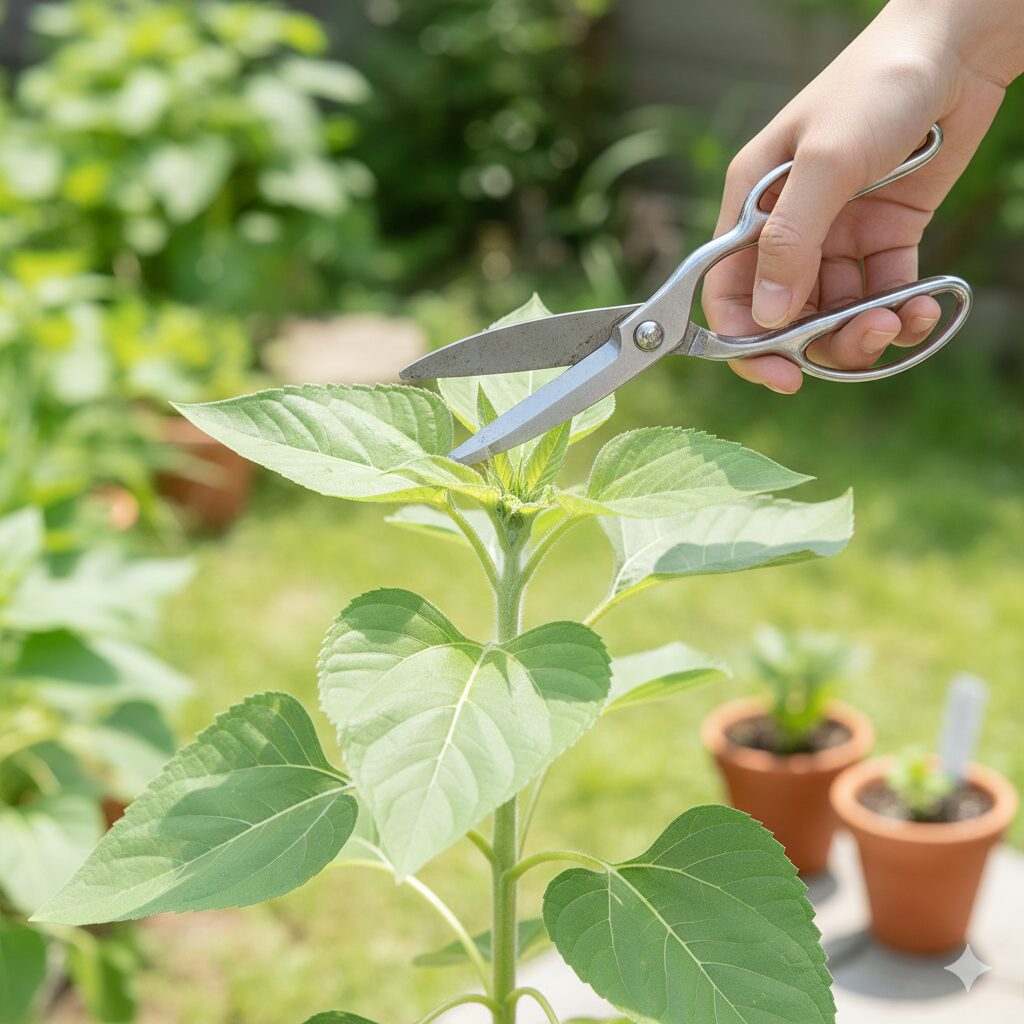 ひまわり 育ち方9　分枝系ひまわりの茎の頂点を園芸用ハサミでカットする摘芯（ピンチ）の作業
