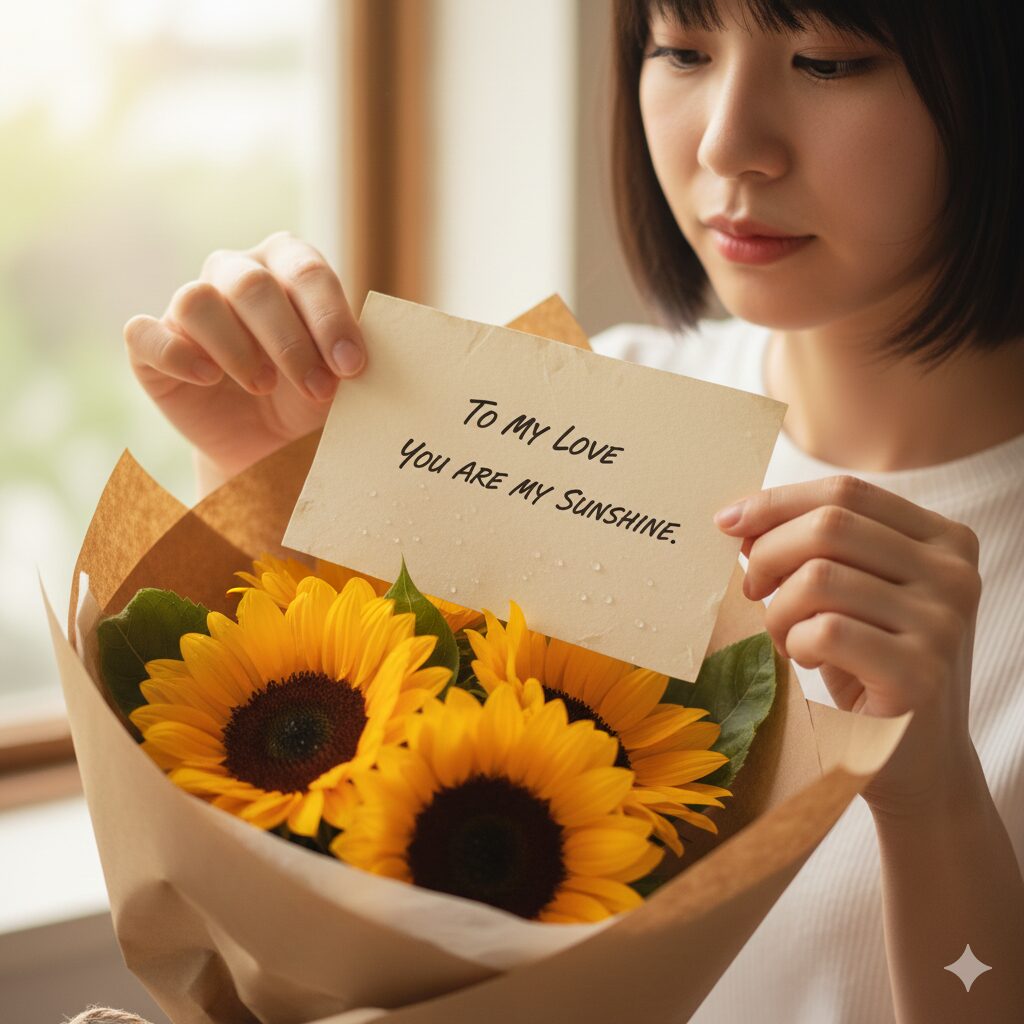 ひまわり 花言葉 4本10　ひまわりの花束に添えられた手書きのメッセージカード。花言葉の意味を伝えるための演出