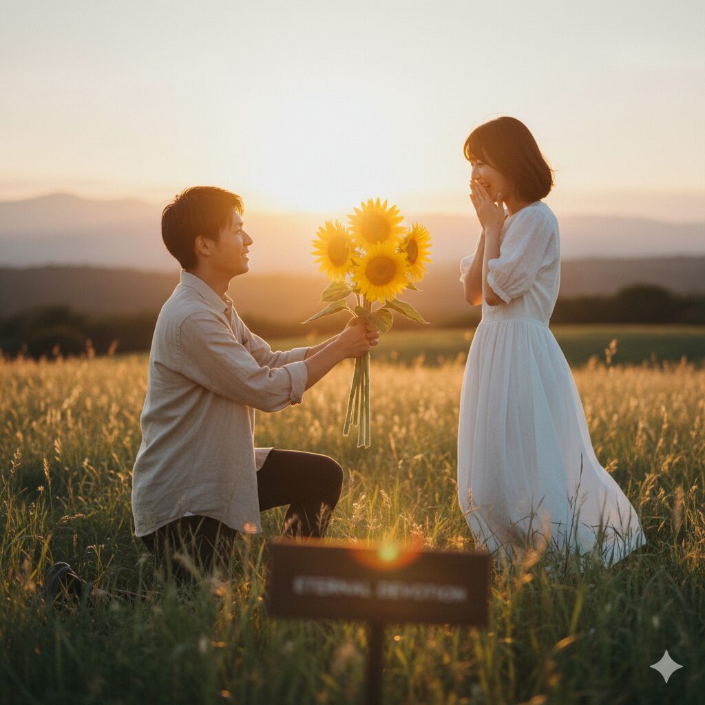 ひまわり 花言葉 4本2　　プロポーズで男性から女性へ手渡される4本のひまわりの花束。一生の愛を捧げる誓いのシーン